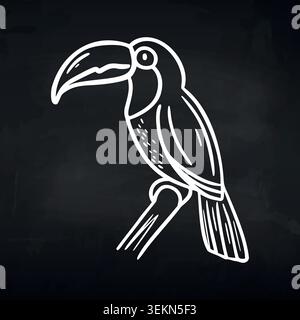 Black and white illustration of a toucan perched on a branch, showcasing its distinctive curved beak and detailed feather patterns against a dark Stock Vector