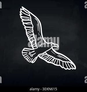 Black and white illustration of a flying bird with outstretched wings, detailed feathers, and a dynamic pose against a dark background Stock Vector