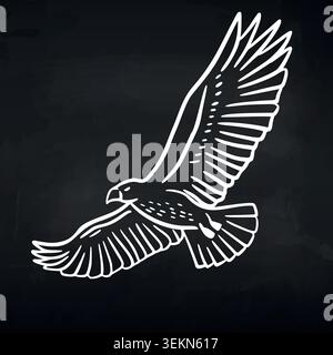 Illustration of a soaring eagle with outstretched wings, depicted in a minimalist black and white style against a dark background Stock Vector