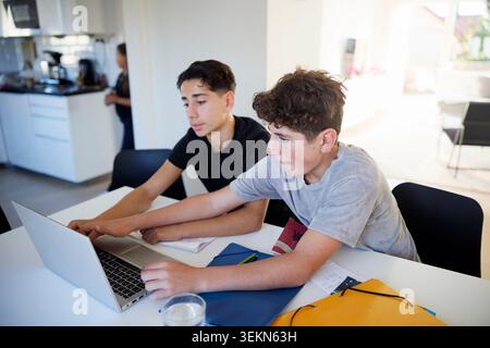 Boys studying through laptop at home Stock Photo
