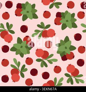 Hand-drawn summer floral seamless pattern with cranberry with leaves for seasonal background, packaging, cottagecore projects Stock Vector