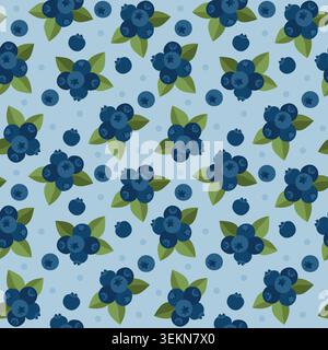 Hand-drawn summer floral seamless pattern with blueberry and leaves for seasonal background, packaging, cottagecore projects Stock Vector
