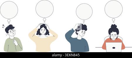 Caucasian People Thinking with Empty Thought Bubbles Set. Diverse Characters Feeling Confused, Stressed and Working on Laptop. Flat Vector Illustratio Stock Vector