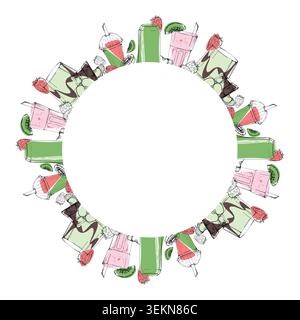 Circular wreath of kiwi, apple and strawberry berry smoothie cups with chocolate accent illustrated as hand drawn ink vector. Health journal covers Stock Vector