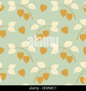 Elegant seamless vector pattern featuring stylized physalis pods, also known as winter cherry or cape gooseberry, hanging on branches with cream leave Stock Vector