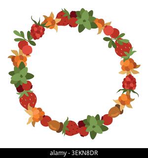 Hand-drawn summer and autumn forest wild berries floral wreath, cranberry, raspberry, blueberry, acorn, cloudberry round frame Stock Vector