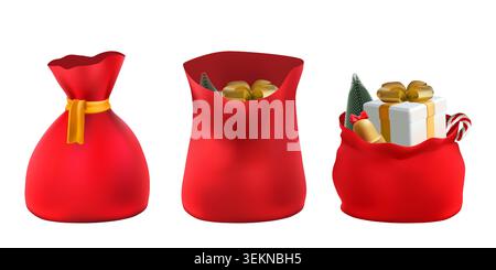 3D Santa Claus gift bag with gold ribbons, secret holiday box element. Christmas sack, happy new year ornament on winter bg. Xmas tree delivery, lucky Stock Vector