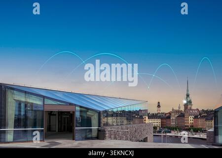 Digital blue arcs seen in clear sky representing network with famous church Stock Photo