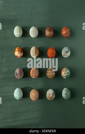 Directly above shot of decorative eggs with colorful patterns Stock Photo