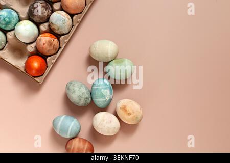 Directly above shot of colorful Easter eggs on table Stock Photo