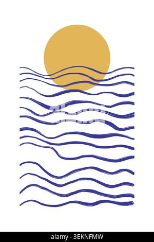 Abstract blue wavy lines beneath a golden circle on white Stock Photo