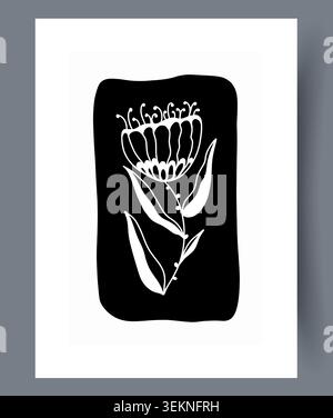 Elegant white floral line art on black abstract panel Stock Vector