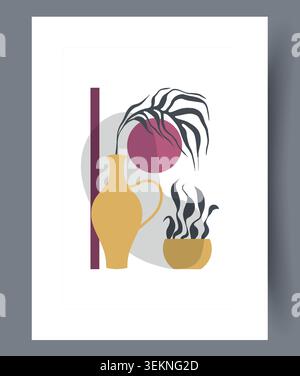 Abstract still life with vase, plant leaf, sun circle, and steaming bowl Stock Vector