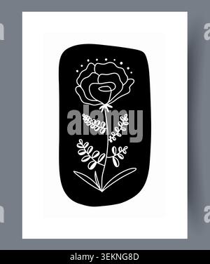 Minimal floral emblem with white line flower on black rounded panel Stock Vector