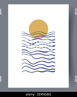 Abstract sun above flowing ocean waves Stock Vector