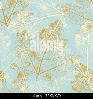 Seamless pattern with maple leaf skeletons on blue background. Vintage grunge botanical print for autumn textile, wedding invitation background or wrapping paper design. Vector illustration Stock Vector