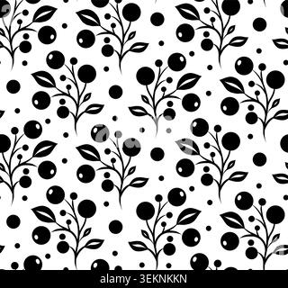 Vector seamless texture of black silhouette of cranberries on a white k background. Monochrome texture with berries and foliage. Ditsy textile Stock Vector