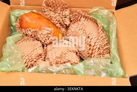 Images show premium apple mangoes in eco friendly packaging and close ups of freshly diced, juicy golden flesh, highlighting fresh tropical fruit. Stock Photo