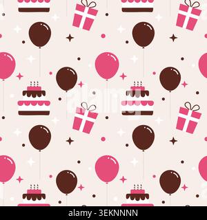 Seamless pattern with birthday cakes, balloons and gift boxes. Cute pink and chocolate celebration print for party wrapping paper, kids holiday textile or greeting card background. Vector illustration Stock Vector