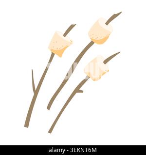Sweet roasted marshmallow on a sticks. Vector illustration in hand drawn doodle style. Camping sweet food element. Stock Vector