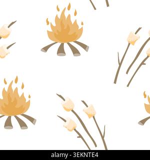 Seamless pattern with sweet roasted marshmallow on a sticks. Camping or outdoor party background. Vector illustration in hand drawn doodle style. Stock Vector