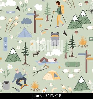 Seamless pattern with camping elements. Hand drawn design for fabric, print, wrapper, textile. Vector illustration Stock Vector