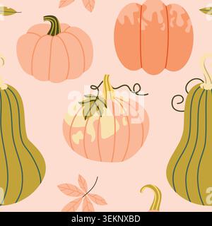 Pastel Autumn Pumpkin Seamless Pattern on Pale Pink Background Stock Vector