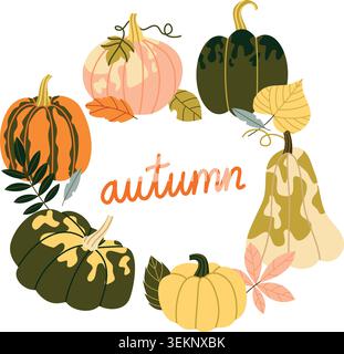 Autumn Pumpkin Wreath Vector Illustration Flat Geometric Fall Foliage Round Frame Stock Vector