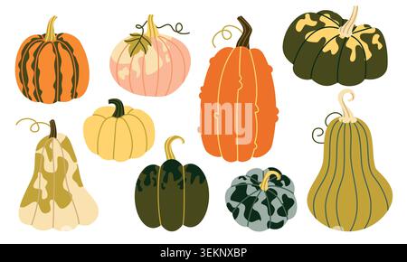 Autumn Pumpkin Vector Set Flat Geometric Squash and Gourd Collection Isolated Stock Vector