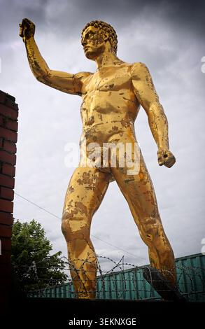 Roman gladiator Golden Balls figure at Bulldog Forge in Ince, Wigan, Greater Manchester, England, UK. Stock Photo