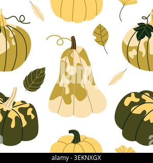 Autumn Pumpkin Seamless Pattern Flat Geometric Fall Leaves Background Stock Vector