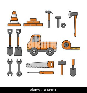 Vector illustration featuring a collection of construction tools and equipment commonly used in building, repair, engineering, and industrial projects Stock Vector