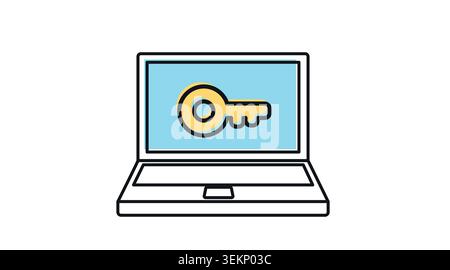 Laptop system access and digital key icon: portable notebook computer with key symbol on screen, modern black line art with offset color fill vector. Stock Vector