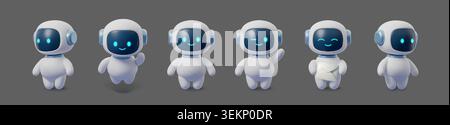 Set of Robot ai character with 3d chatbot emoji and avatar bot icon. Chat cute intelligence with artificial robot set and call white mascot Stock Vector