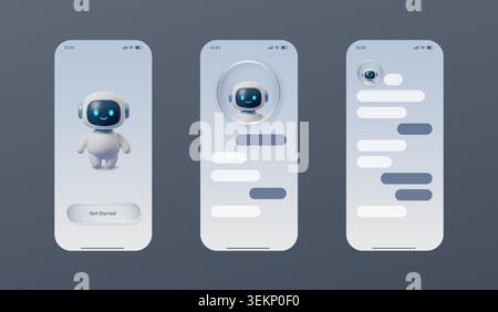 Set of Chatbot glass 3d with speech chat phone for ai robot button. Text ui effect with chatbot character mobile for avatar box bot. Messenger card Stock Vector
