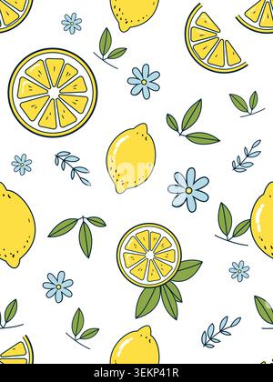 Seamless pattern with lemons, lemon slices, leaves and flowers on light background. Flat illustration. Citrus fruit and summer concept for design Stock Vector