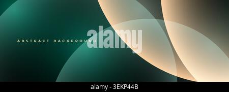 Modern abstract background with overlapping translucent curved shapes, soft glowing gradients, and a dark green background. Elegant wide banner design Stock Vector