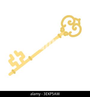 Vintage golden key: vector flat illustration of decorative antique skeleton key isolated on white.  Stock Vector