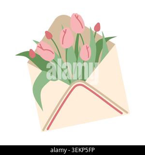 Tulips Bouquet in Envelope. Minimalist Spring Illustration Stock Vector