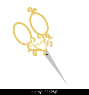 Vintage ornate scissors: vector flat illustration of gold decorative shears isolated on white background. Stock Vector