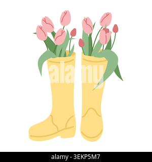 Spring tulip bouquet in yellow rubber boots: vector flat illustration of garden flowers isolated on white. Stock Vector