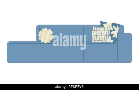 Minimal Blue Sofa with Decorative Pillows Flat Interior Illustration Stock Vector