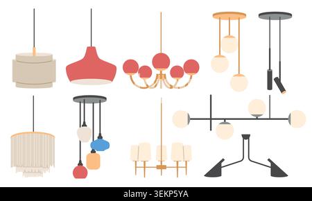 Interior lighting fixtures set: aesthetic hanging lamps in Scandinavian, loft, and contemporary styles for home decor. Stock Vector