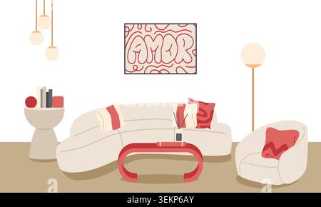 Modern Living Room Interior with Curved Sofa and Red Accents Stock Vector