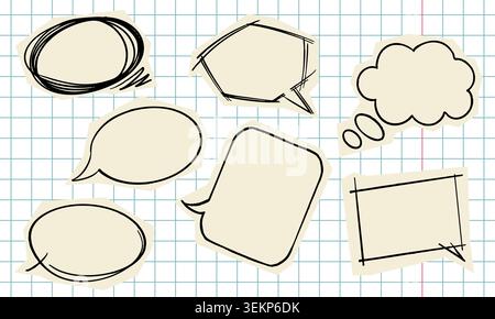 Hand Drawn Speech Bubble Set on Grid Notebook Background Stock Vector