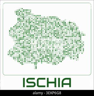 Ischia digital style map. Small rounded square dots on white background. Dotted shape of the island. Ischia map and title. Stock Vector