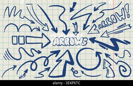 Blue Hand Drawn Arrows on Grid Paper Doodle Set Stock Vector