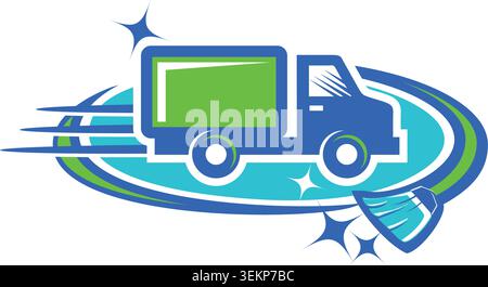 Dynamic delivery truck logo featuring speed lines, cleaning accents, and vibrant colors representing fast, reliable transportation services. Stock Vector