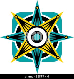 Bold geometric compass rose featuring layered star points, circular center, and decorative symmetry representing navigation and direction. Stock Vector