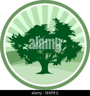 Elegant tree emblem featuring circular framing, sunburst background, and natural green tones symbolizing growth and sustainability. Stock Vector